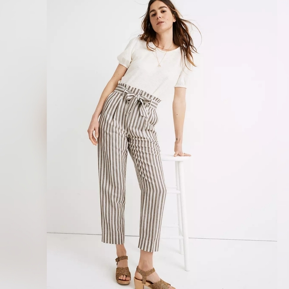 Madewell Pants - Madewell Pants Striped Linen Blend Paperbag Pants White Brown 8